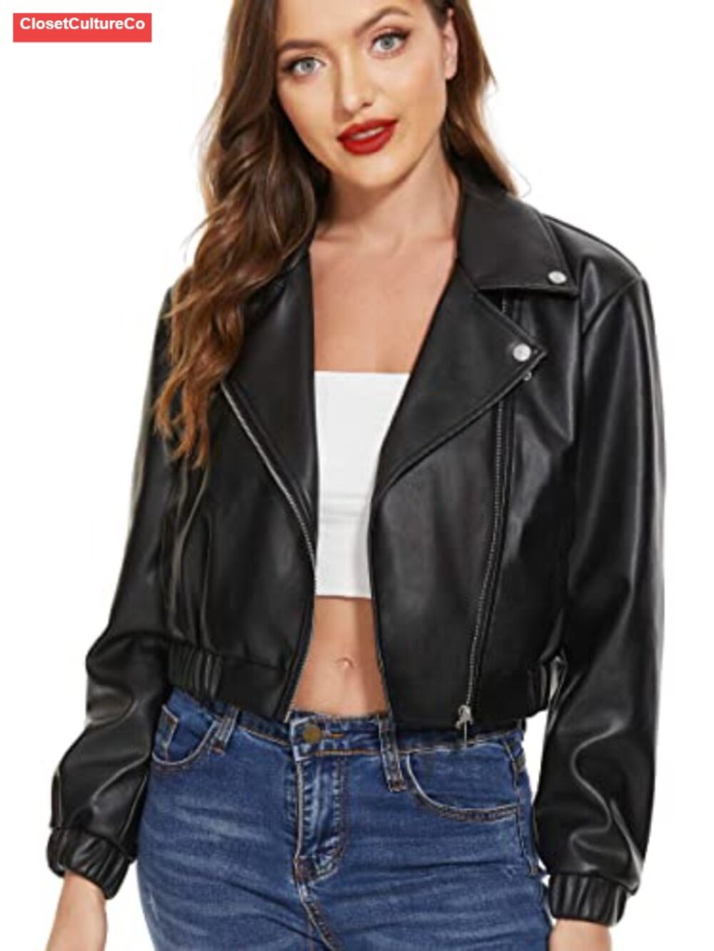 Faux Leather Moto Jacket Cropped Zip Utility Pocket
